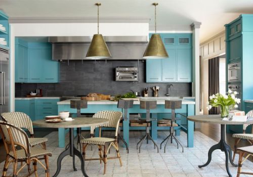 Turquoise Cabinets and Metallic Shades