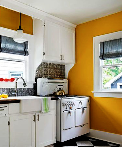mustard yellow kitchen color with white appliances