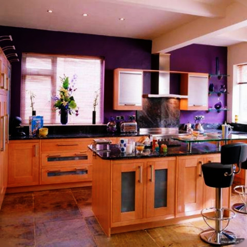 purple with light wood cabinets