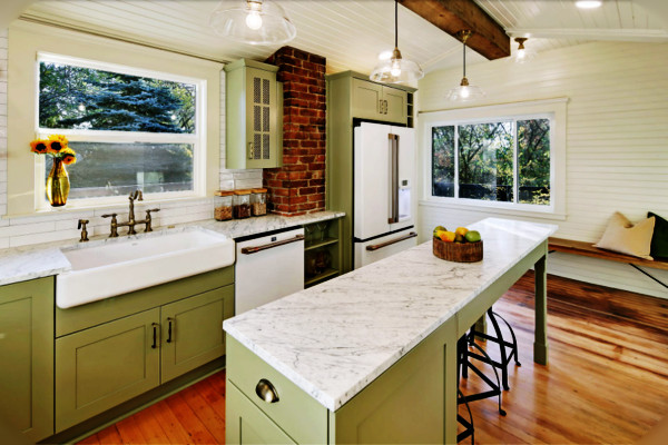sage green kitchen color with white appliances
