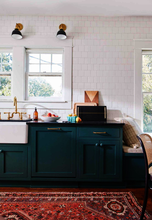 add pops of contrasting color for a monochromatic kitchen